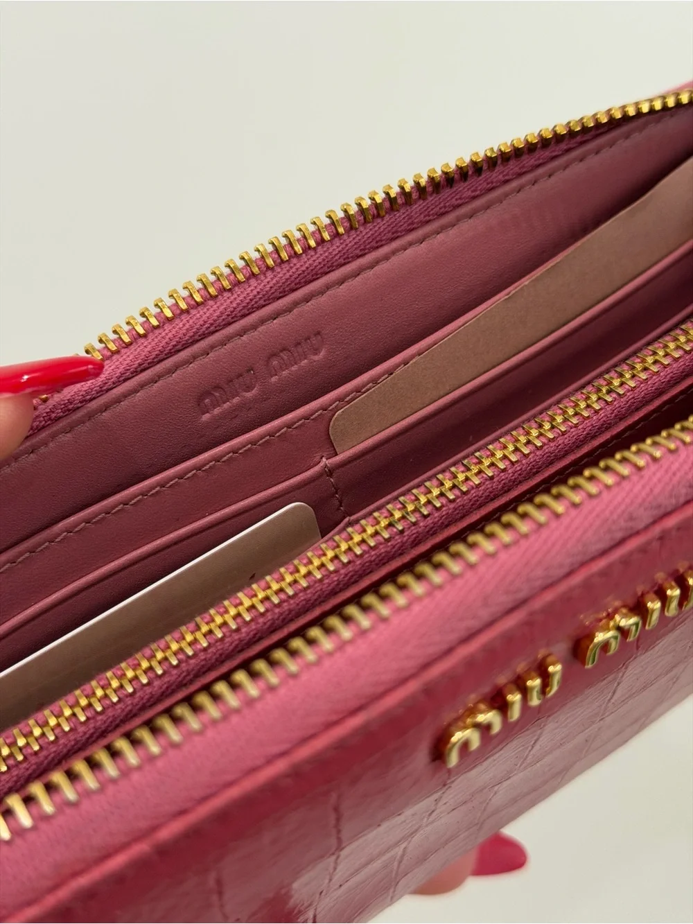 Miu Miu Pink Croc Effect Patent Leather Continental Zip Wallet